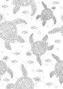 Seamless pattern or coloring page with turtles in the sea, A4 outline vector stock illustration with turtle as anti-stress therapy Royalty Free Stock Photo