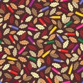Seamless pattern with colour pencils and autumn leaves