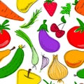 Seamless pattern coloured freehand drawing fruits and vegetables. Vector illustration isolated on white. Bright set Royalty Free Stock Photo