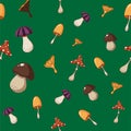 Seamless pattern of a coloured mushrooms, poisoned and healthy. Cartoon illustration of vegetarian food in a flat hand