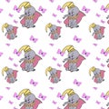 Seamless pattern with colourful elephants wearing yellow hats and collar and butterflies on a white background