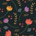 Seamless pattern with colourful flowers, leaves and designer abstract elements. Cute floral print for a cartoon-style