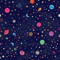 Seamless pattern with colourful space with planets, comets, constellations and stars Royalty Free Stock Photo