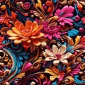 seamless pattern, colurful and vibrant swirly and flowery background