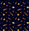 Seamless pattern with comets, planets, stars and rockets, vector illustration of space Royalty Free Stock Photo