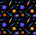 Seamless pattern with comets, planets, stars and rockets, vector illustration of space Royalty Free Stock Photo