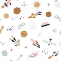 Seamless pattern with comets, rockets, planets and stars. Vector illustrations Royalty Free Stock Photo