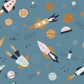 Seamless pattern with comets, rockets, planets and stars. Vector illustrations Royalty Free Stock Photo