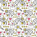 Seamless pattern concept customer feedback, positive review. High rating in application. Hand drawn doodle background. Online