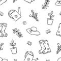 Seamless pattern concept of relaxing in the garden, summer hat rubber boots, seedlings, flowers and butterflies. vector doodle Royalty Free Stock Photo