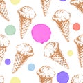 Seamless pattern with cone waffle ice cream and colorful watercolor drops.