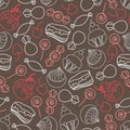 Seamless pattern with confectionery. Candy lollipops muffins pie cake with berries cake in the glaze. Line drawing.