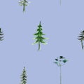 Seamless pattern with conifers, spruce, pine and Christmas tree on a purple background. For wrapping paper, wallpaper Royalty Free Stock Photo