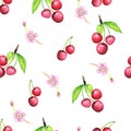 Seamless pattern consists of cherry branches with a leaf, ripe berries and delicate pink flowers.