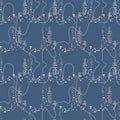 Seamless pattern with continuous cords and leopard silhouettes. Complex vector print in blue, smoky blue, white and pastel pink.