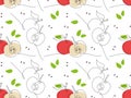 Seamless pattern with Continuous one line drawing apples. Whole fruit and cut in half. Organic simple icon with green