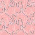 Seamless pattern with continuous ribbons, cords and leopard silhouettes. Complex vector print in smoky blue, white and pastel pink