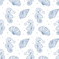 Seamless pattern with contour blue shells and seahorses on a white background. Marine background, textile