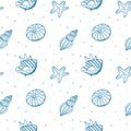 Seamless pattern with contour blue shells and seahorses on a white background. Marine background, textile