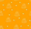 Seamless pattern with contour cactus and hearts on orange background. Vector