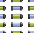 Seamless pattern with contour cartoon multi-colored batteries in a row on a white background. Charged batteries. Vector textures
