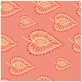 Seamless pattern contour doodle decor leaves on pink background