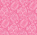 Seamless pattern with contour Easter eggs. Holiday wallpaper with white outline of holiday treats on pink background. Delicate