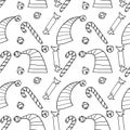 Seamless pattern of contour Elf caps with bell, hats, sweets, candy cane, lollipop. Symbol of Santa`s helpers in doodle