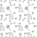 Seamless pattern of contour Elf caps with bell, hats, sweets, candy cane, lollipop. Symbol of Santa`s helpers in doodle