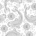 Seamless illustration with contour fish, Lotus flowers and bubbles, dark contours on white background