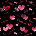 Seamless pattern with contour hearts in graphic style isolated on the transparent background. Vector illustration