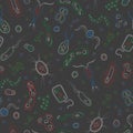 Seamless illustration with contour images of bacteria, germs and viruses , simple colored chalks on the dark school Board Royalty Free Stock Photo