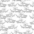 Seamless pattern of contour images of a flower and sprigs of vanilla, aromatic herbs and spices on a white background