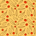 Seamless pattern contour leaves and small red berries of mountain ash isolated on orange background, color outline in doodle Royalty Free Stock Photo