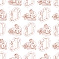 Seamless pattern with contour map of Ireland and a slice of strawberry cake Royalty Free Stock Photo