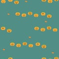 seamless pattern with contour orange pumpkin faces in a minimalistic style on a green-blue background, background vector on