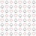 Seamless pattern with contour suits of playing cards on a white background. Vector outline illustration. Royalty Free Stock Photo