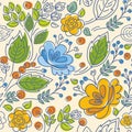 Seamless pattern, contour, yellow, blue flowers, green leaves, light background. Royalty Free Stock Photo