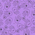 Seamless pattern of contours of hands and eyes. Vector graphics