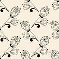 Seamless pattern. Contours of simple flowers and buds . Vector Hand drawing, monochrome