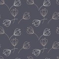 Seamless pattern. Contours of simple flowers with stem. Vector Hand drawing