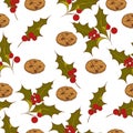 Seamless pattern cookies and holly, traditional christmas ornament