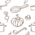 Seamless pattern with cooking kitchen symbols doodle style vector illustration on white background Royalty Free Stock Photo