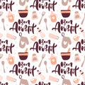 Seamless pattern with cooking tools and calligraphy text Bon Appetit. Backdrop with kitchen utensils for homemade meals