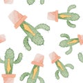 Seamless pattern of cactus characters painted in watercolor