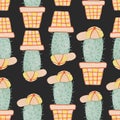 Seamless pattern of cactus characters painted in watercolor