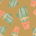 Seamless pattern of cactus characters painted in watercolor