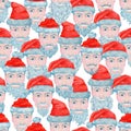 Seamless pattern with cool Santa hipster head against white background