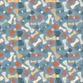 Seamless pattern of copper red, deep space sparkle, bone, mellow apricot color polka dot bows on pewter blue background. Royalty Free Stock Photo