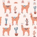 Seamless pattern of coral llama with multi-colored rugs Royalty Free Stock Photo